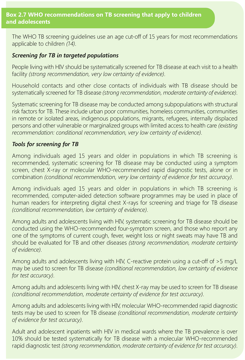 Box 2.7 WHO recommendations on TB screening that apply to children and adolescents